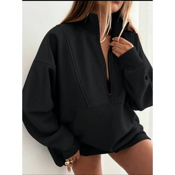 zip up half placket stand collar sweatshirt black - Picture 1 of 7